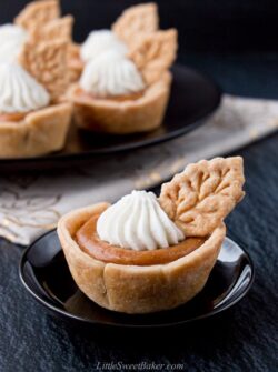 These individual mini pumpkin pies are creamy and perfectly flavored with pumpkin and spices. They are super easy to make and even easier to serve. #minipumpkinpie #individualpumpkinpies #Thanksgivingdessert