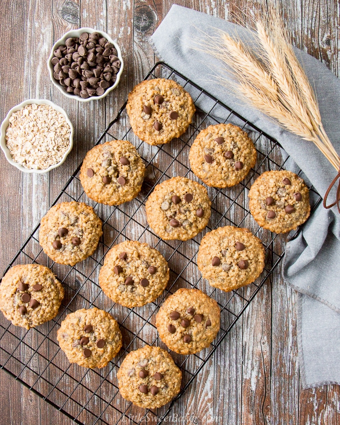Oatmeal chocolate chip cookies on a cooling rack