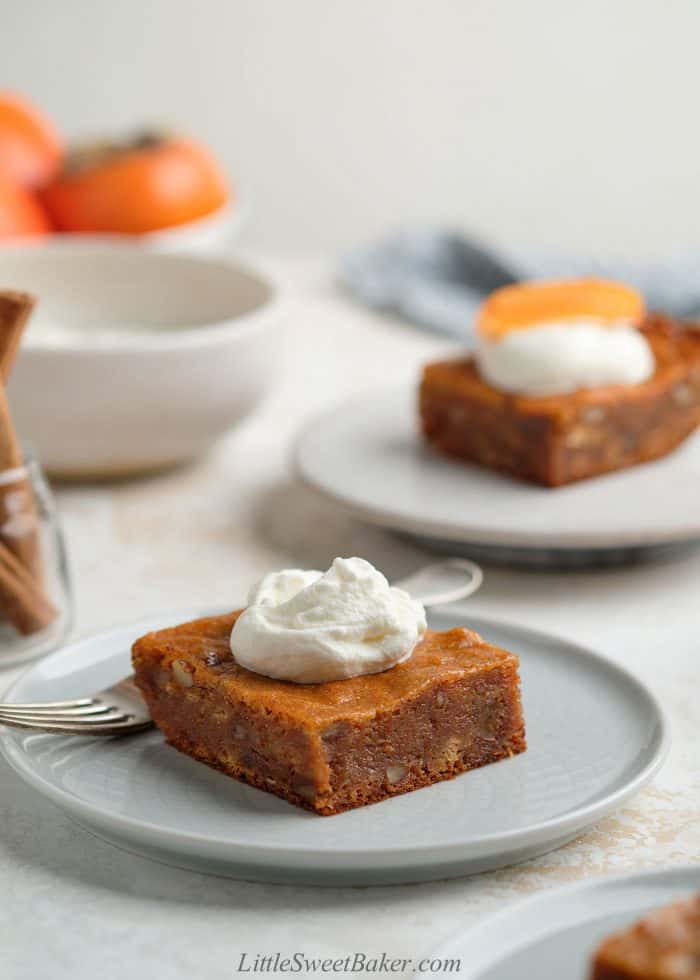 A slice of persimmon pudding topped with whipped cream on a light gray plate.