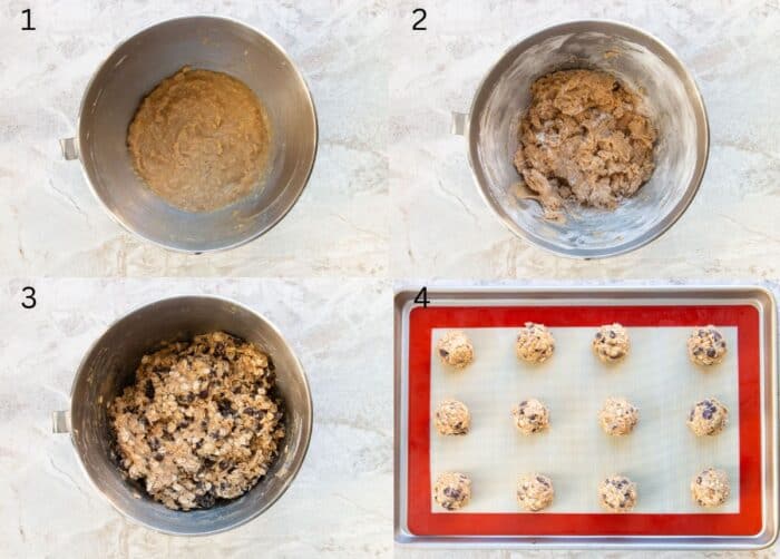 picture collage of how to make oatmeal chocolate chip cookies