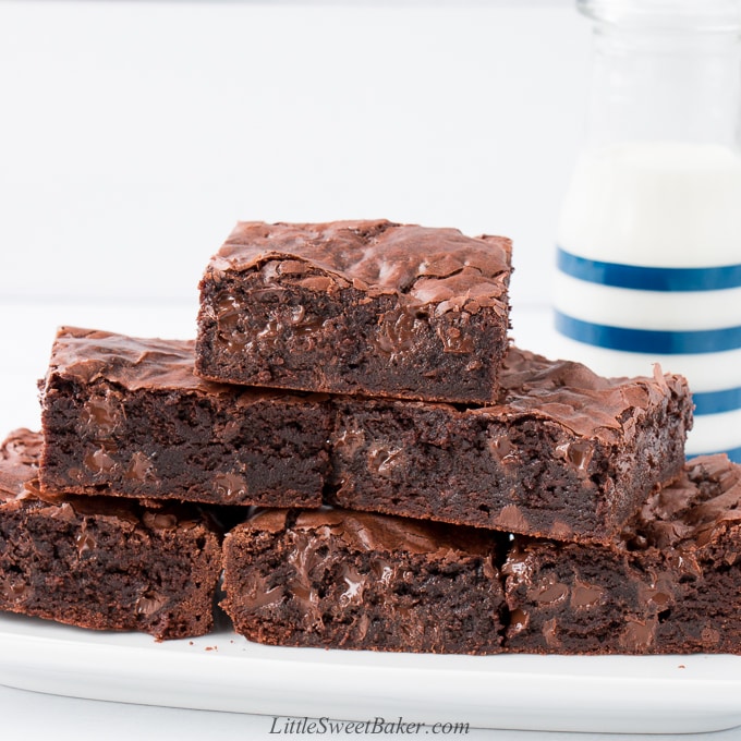 Five brownies on a white plate with a glass of milk in the background.