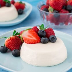 panna cotta with berries on a blue plate