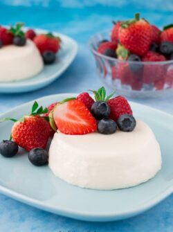 panna cotta with berries on a blue plate