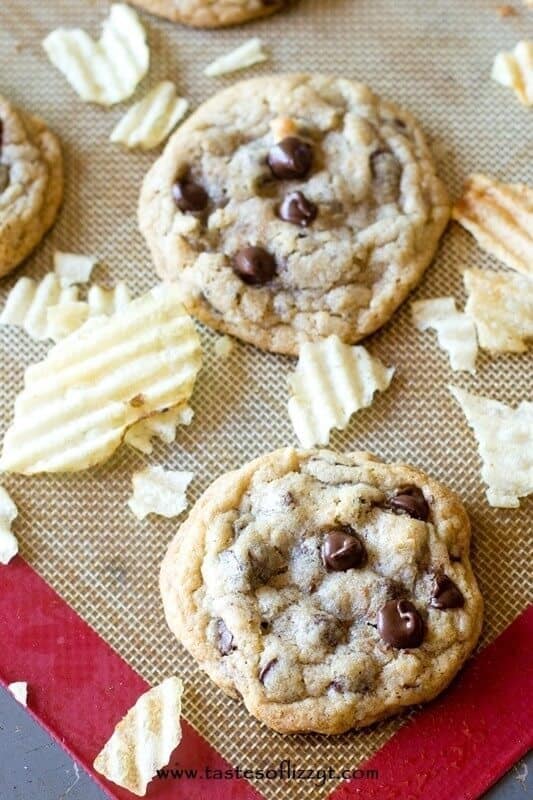 potato chip anf chocolate chip cookies on a silicone baking mat