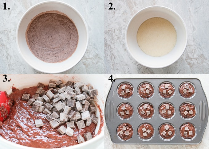 how to make double chocolate muffins steps 1-4