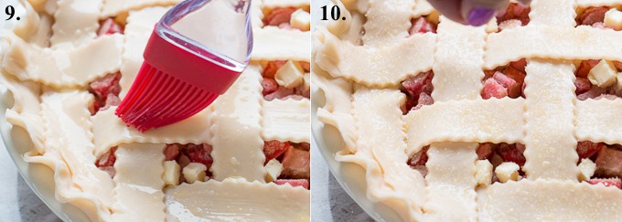 egg wash and coarse sugar on a rhubarb pie before baking