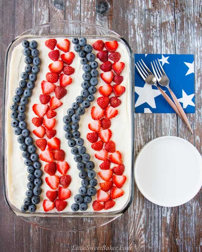 A 4th of July icebox cake on a wooden board with a white plate, napkin and two forks beside it.