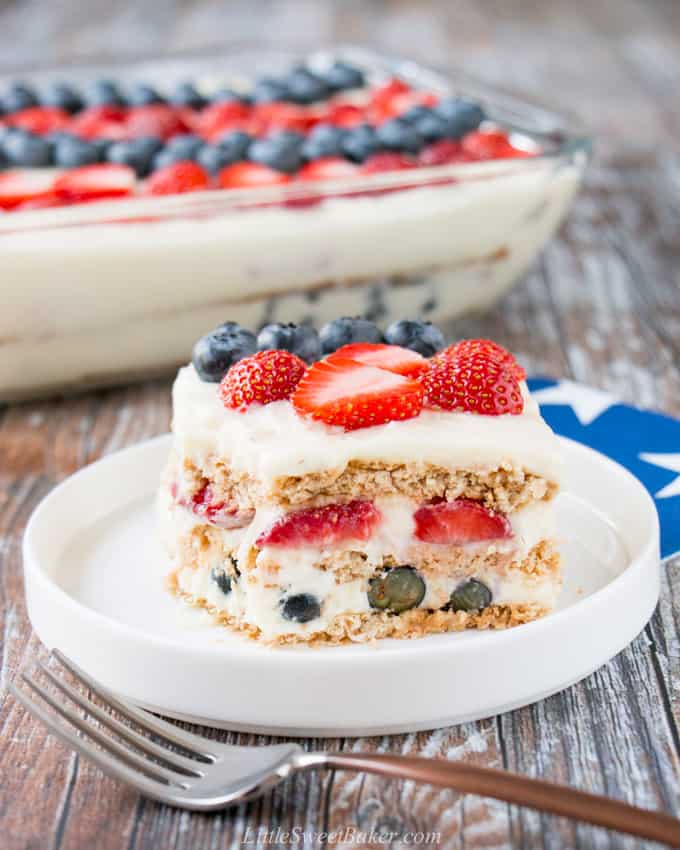 A slice of 4th of July icebox cake on a white plate with a fork infront.