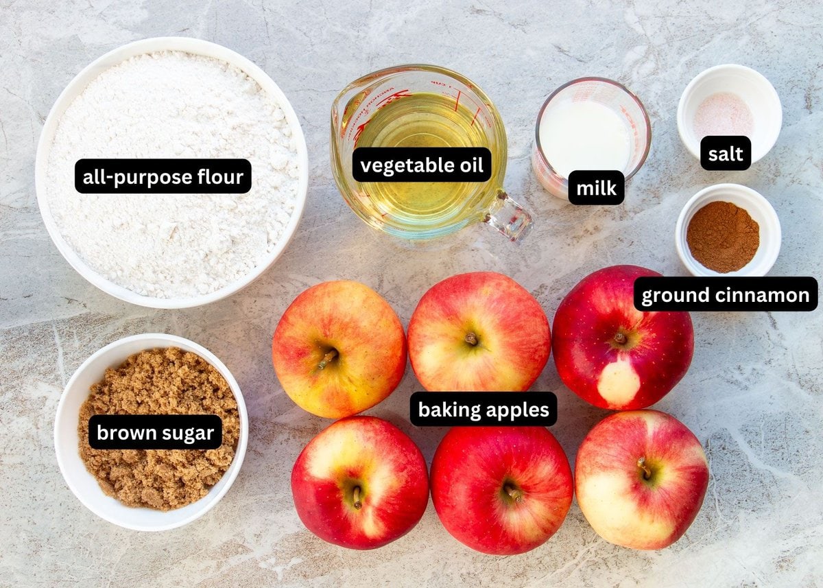 A labelled image of ingredients needed to make homemade apple pie.