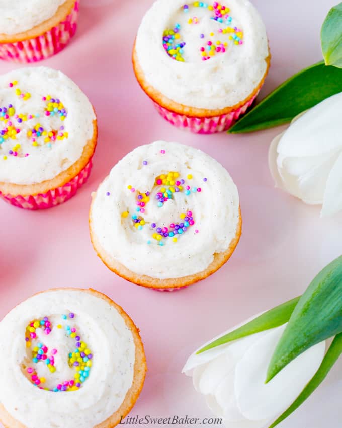 Overhead view of moist vanilla cupcakes with vanilla buttercream.