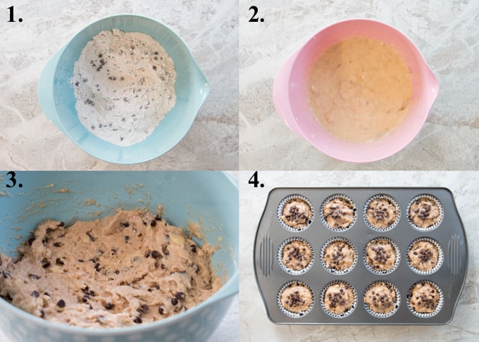 How to make banana chocolate chip muffins in 4 steps.