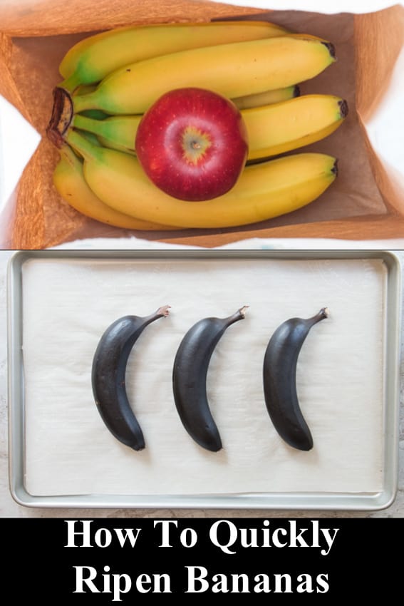 bananas with an apple in a paper bag and black bananas on a baking sheet