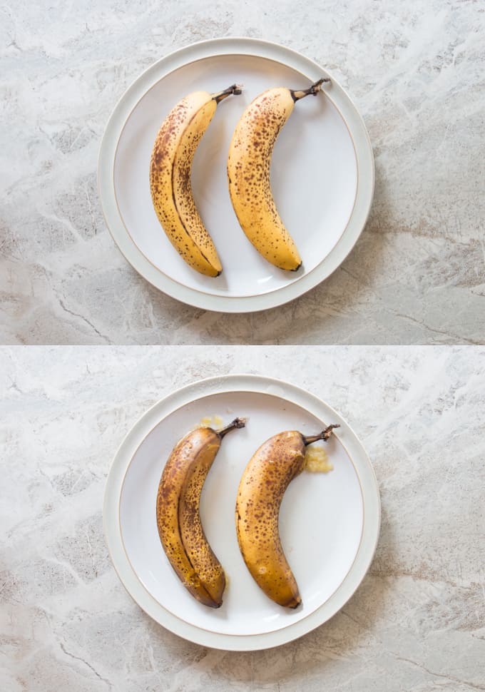 before and after microwaved bananas on a plate