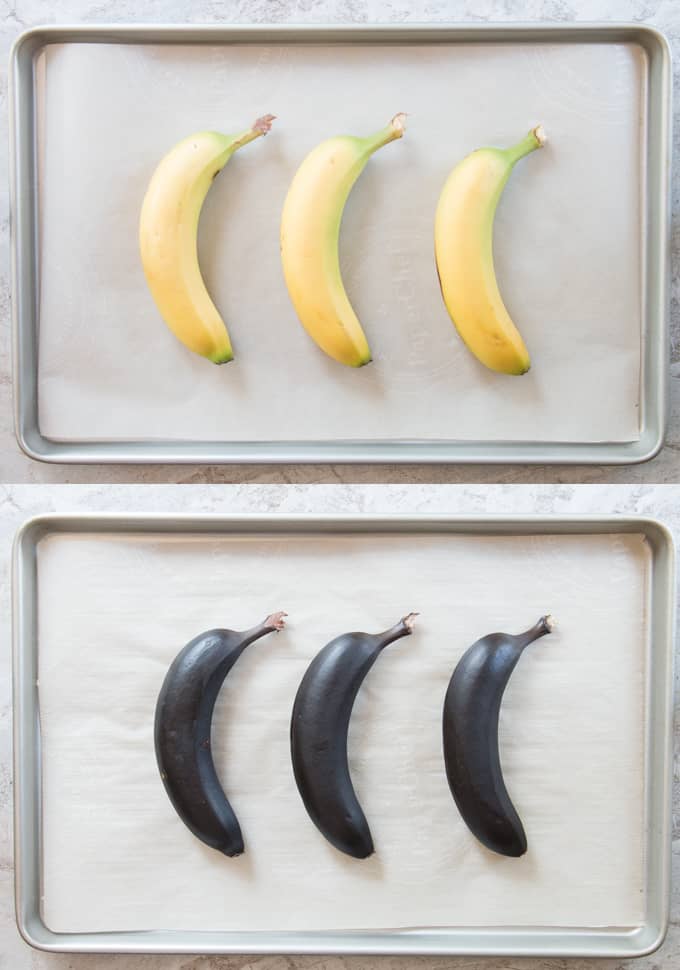 Three bananas on a baking sheet before and after ripening in the oven.