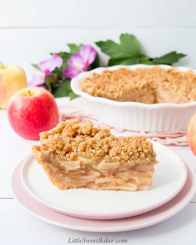 A slice of Dutch apple pie on a white and pink plate.