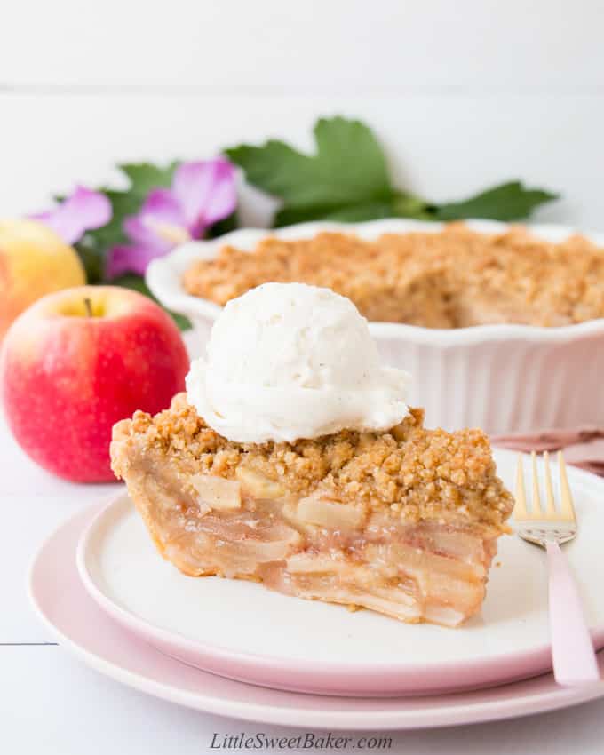 A slice of Dutch apple pie topped with ice cream on a white and pink plate.