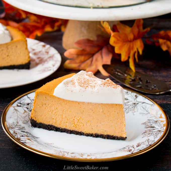 A slice of pumpkin cheesecake on a white and gold plate.