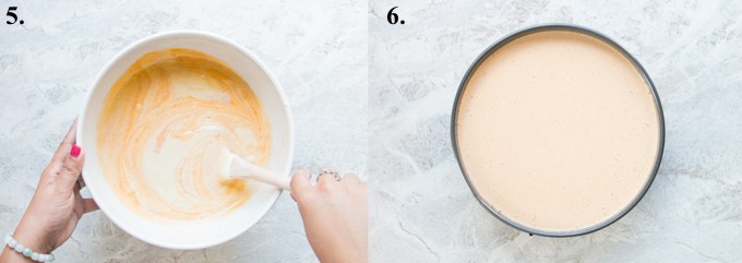 Pumpkin cheesecake batter in a mixing bowl and springform pan.