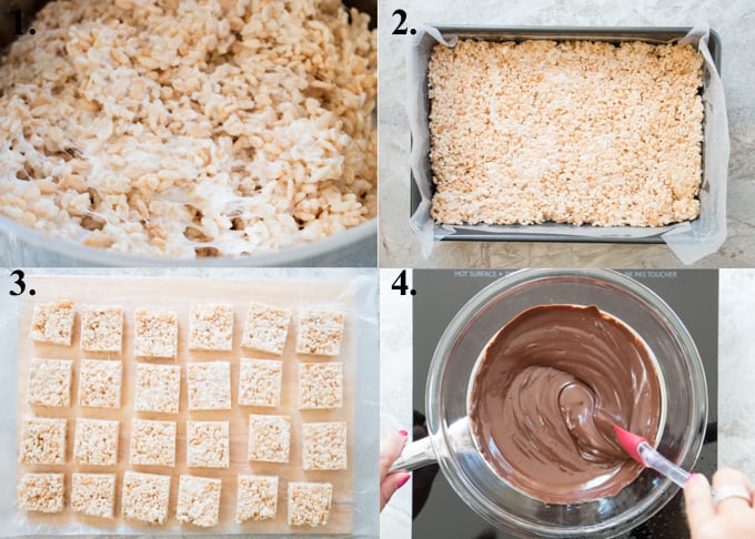 A picture collage of how to make chocolate rice krispie treats.