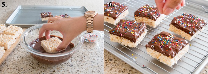 dipping rice krispie treats in chocolate and topping with sprinkle