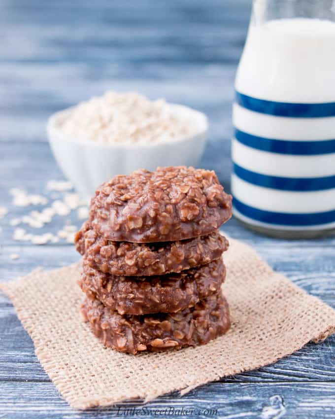 A stack of no-bake cookies with coconut on a piece of burlap.