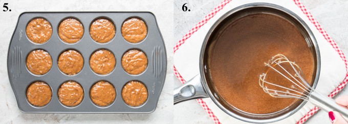 sticky toffee pudding in a muffin tray before being baked and toffee sauce in a saucepan