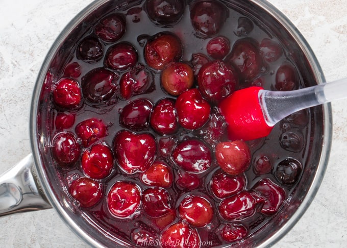 Homemade cherry sauce in a saucepan.