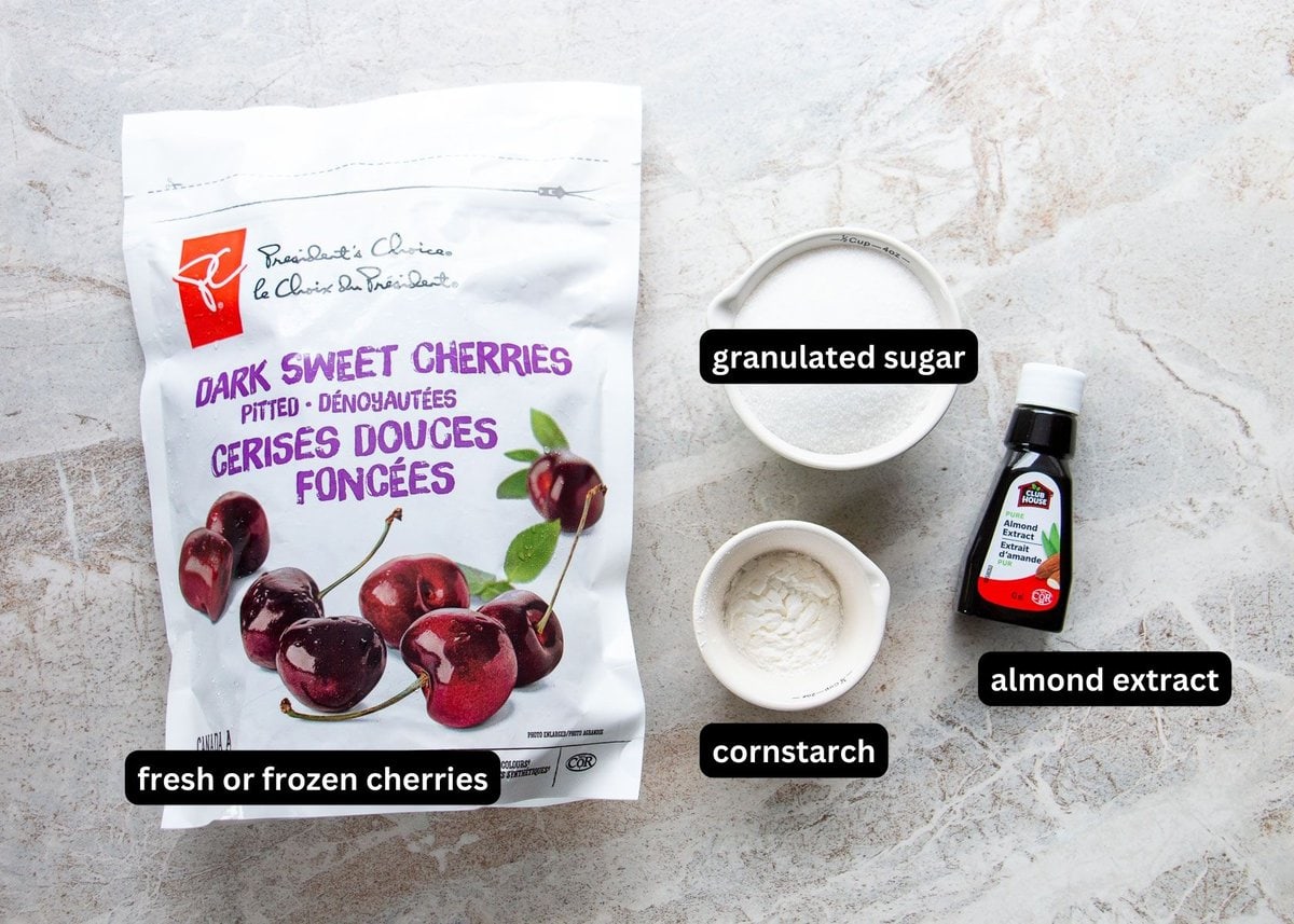 A labelled image of ingredients needed to make cherry sauce for cheesecake.