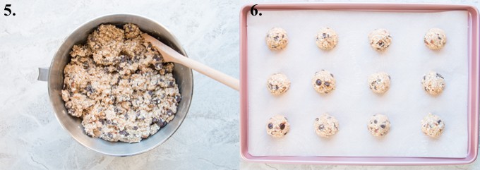 cowboy cookie dough in a mixing bowl and raw cookie dough on a baking sheet