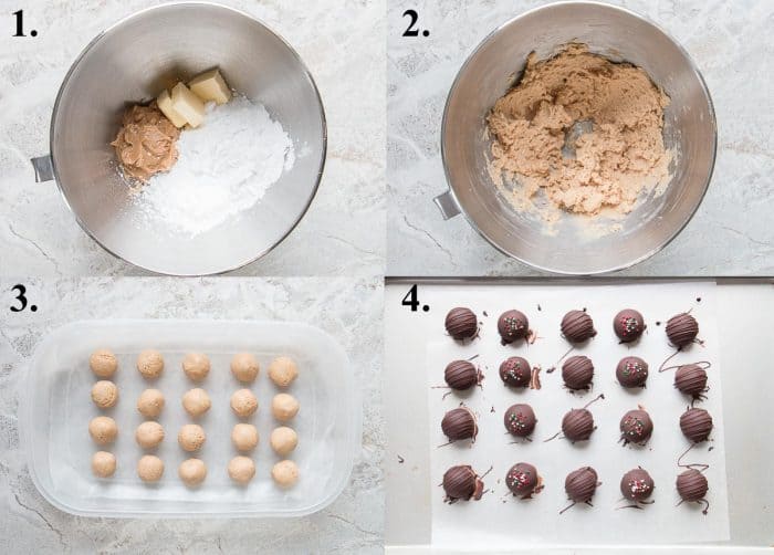 picture collage of how to make peanut butter balls