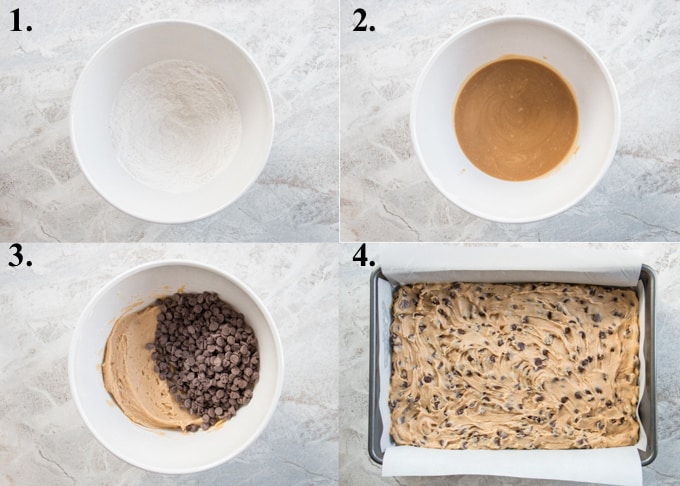 A picture collage of how to make chocolate chip cookie bars.