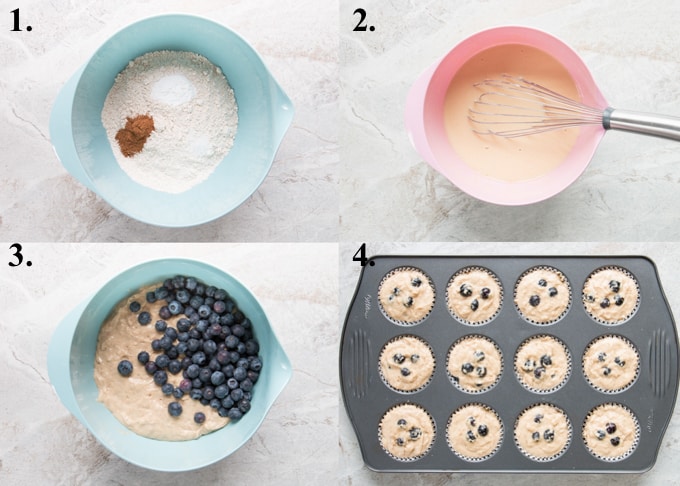 A picture collage of how to make healthy blueberry muffins.