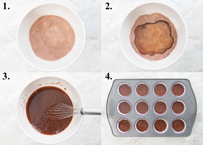 A picture collage of how to make chocolate cupcakes.