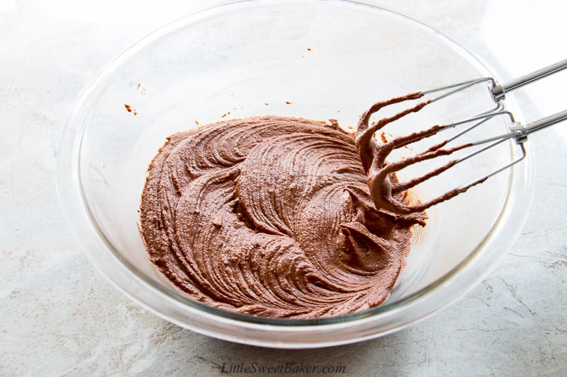 A bowl of freshly whipped chocolate ganache frosting.