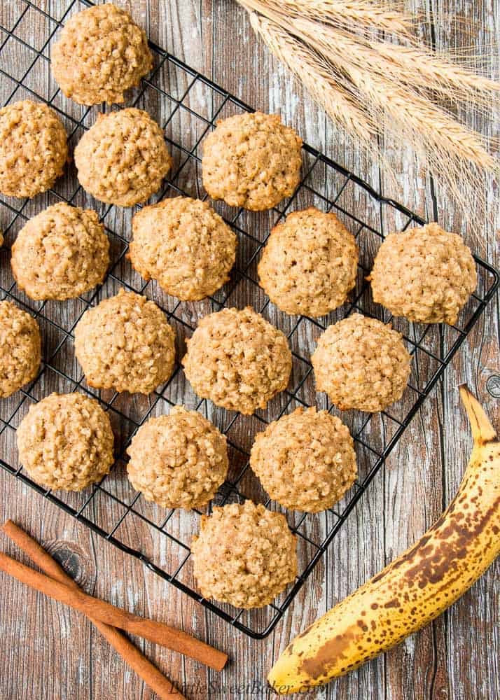 Banana oatmeal cookies cooling on a wire rack