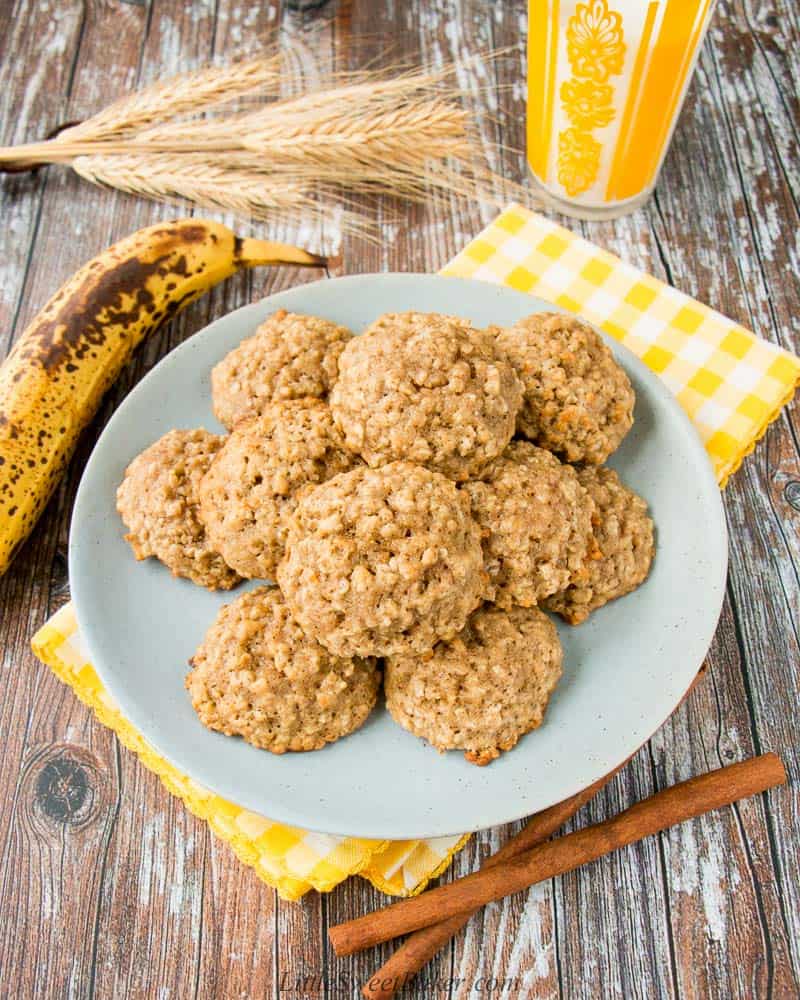 A plate of banana oatmeal cookies on a yellow napkin