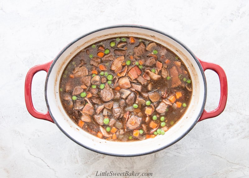 A Dutch oven filled with beef stew