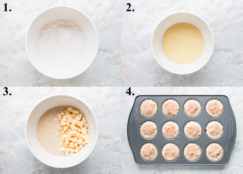 A picture collage of how to make apple cinnamon muffins