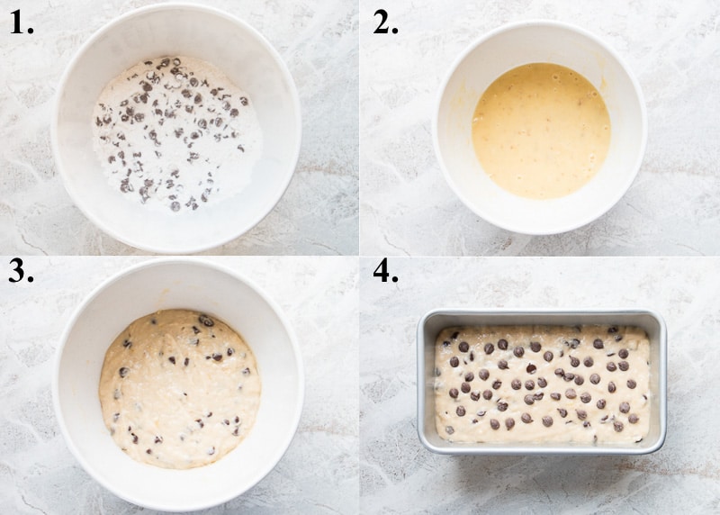 A picture collage of how to make chocolate chip banana bread