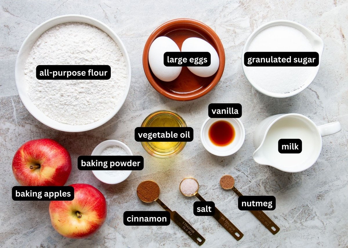 An image of labelled ingredients needed to make apple muffins.