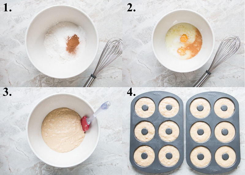 A picture collage of how to make cake donuts.