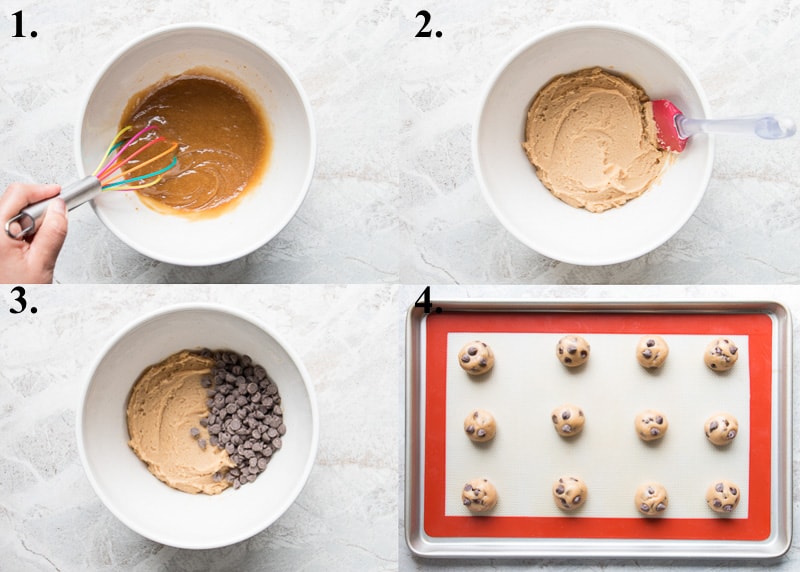 a picture collage of how to make small-batch chocolate chip cookies