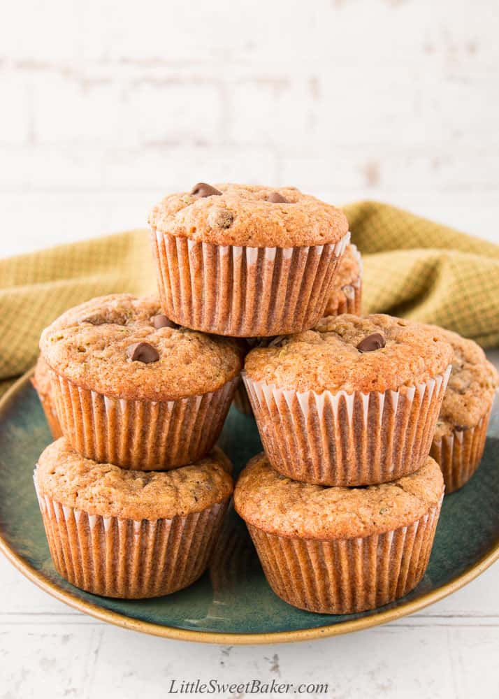 A plate full of zucchini chocolate chip muffins with a green tea towel in the background.