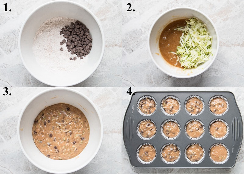 A picture collage of how to make zucchini chocolate chip muffins.