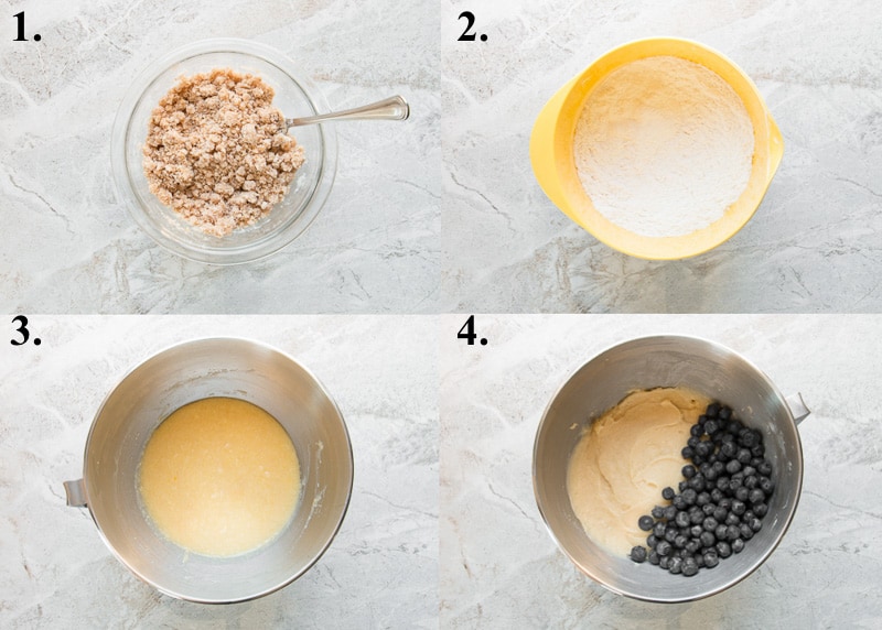 a picture collage of how to make blueberry crumb cake