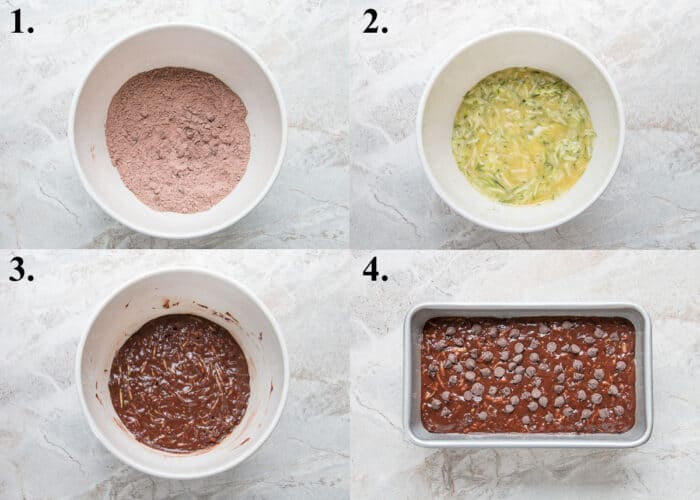 A picture collage of how to make chocolate zucchini bread.