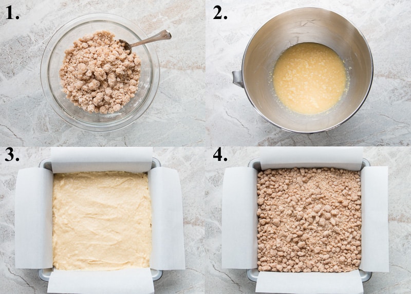 Process pictures of how to make crumb cake.