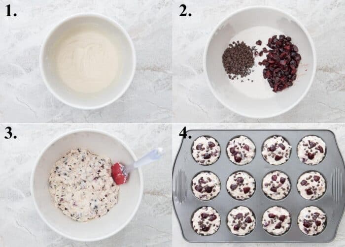 A picture collage of how to make cherry muffins with mini chocolate chips.