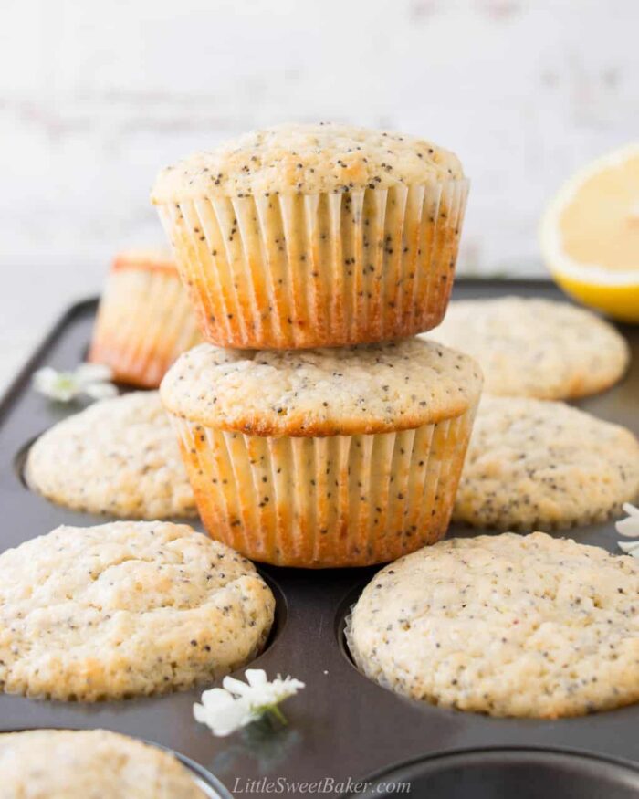 Two lemon poppy seed muffins stacked on a muffin pan.