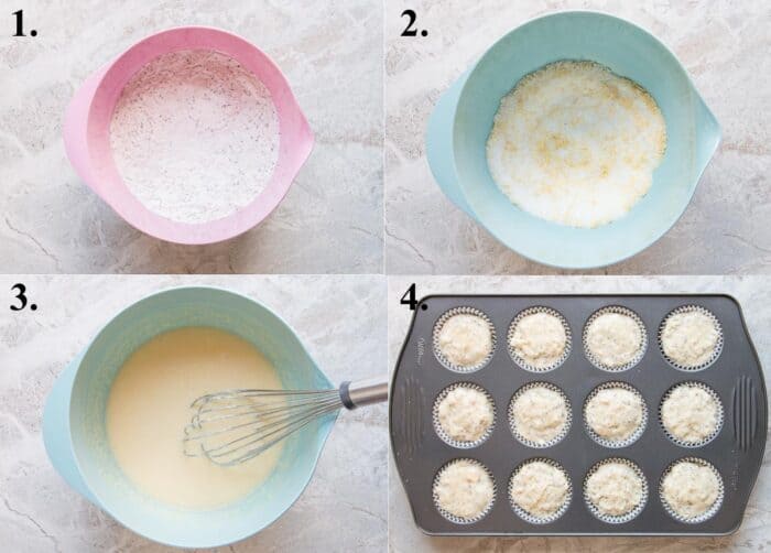 Process picture of how to make lemon poppyseed muffins.